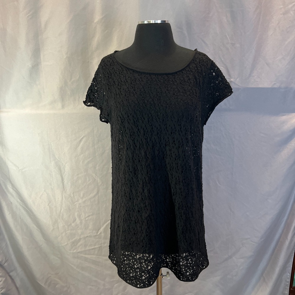 Eileen Fisher Mini Dress Womens L Black Washable Wool Lace Cap Sleeve Minimalist